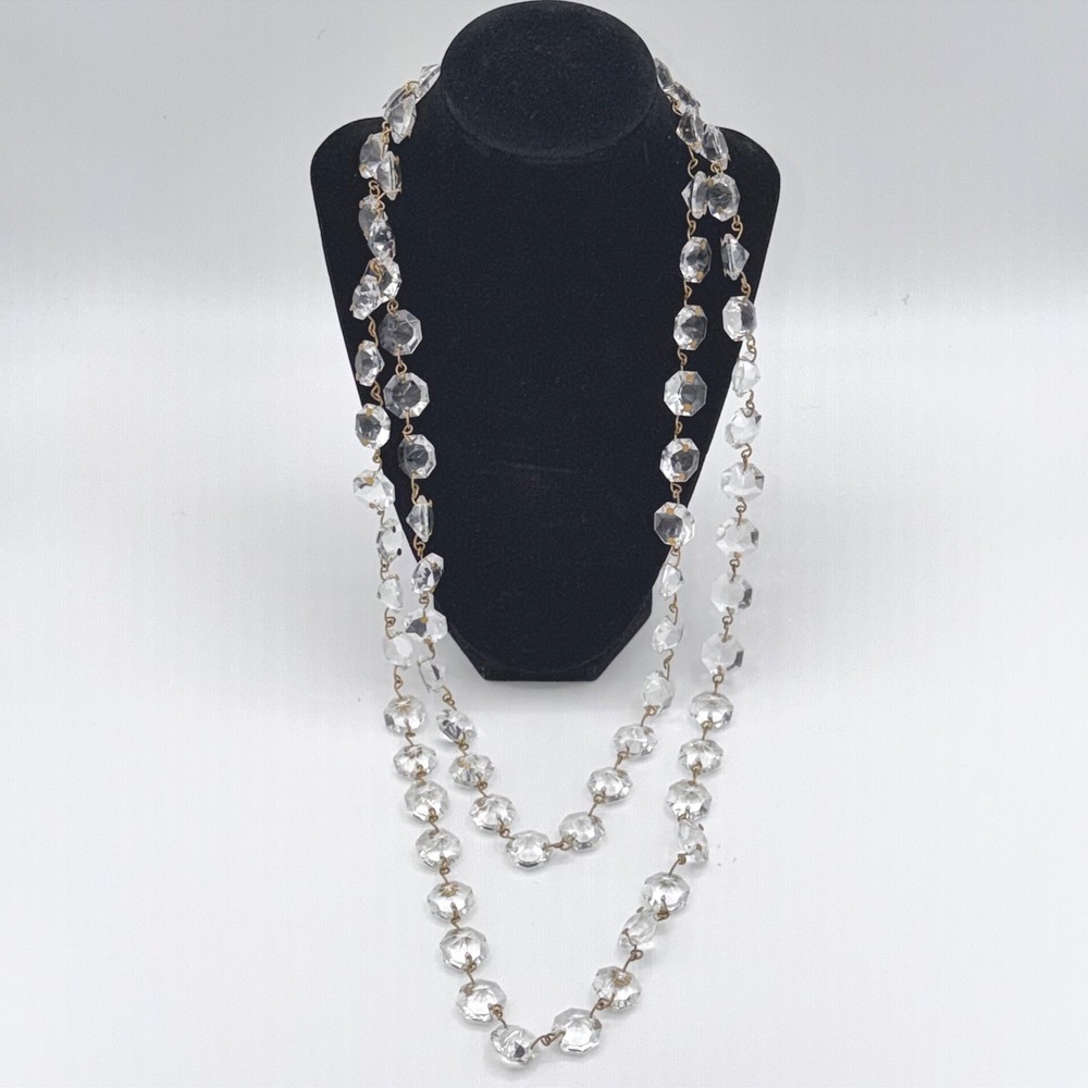 Vintage Clear Faceted Crystal Bead Necklace Long Flapper 62 Inch Art Deco Gatsby